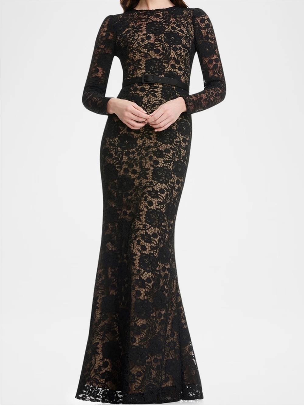 ✨NEW✨Dress the Population Black Label Tamra Belted Floral Lace Mermaid Gown